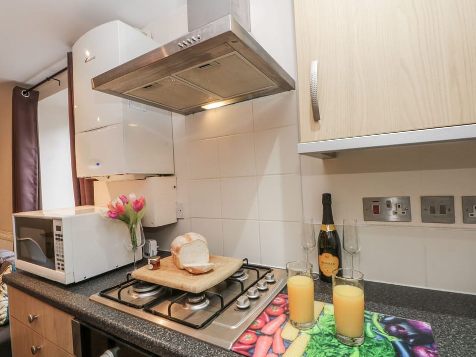Fridge, microwave, toaster, cookware/dishes/utensils