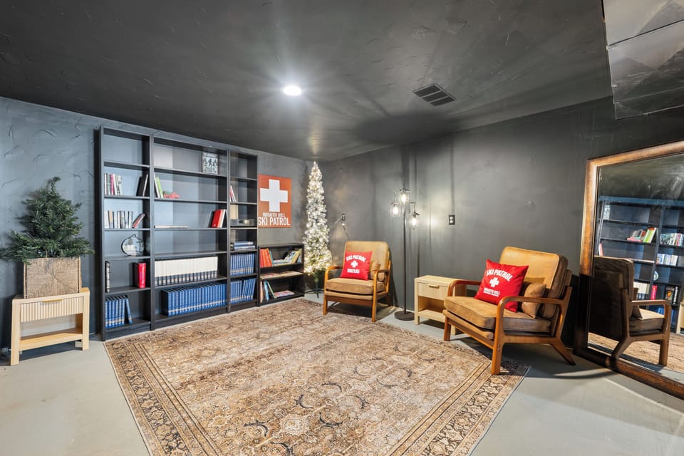 The library/speak easy is home to the original ski patrol room