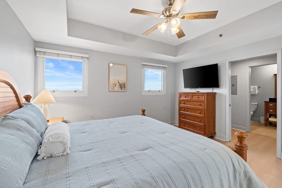 A full dresser provides plenty of storage, making it easy for guests to settle in and stay organized.