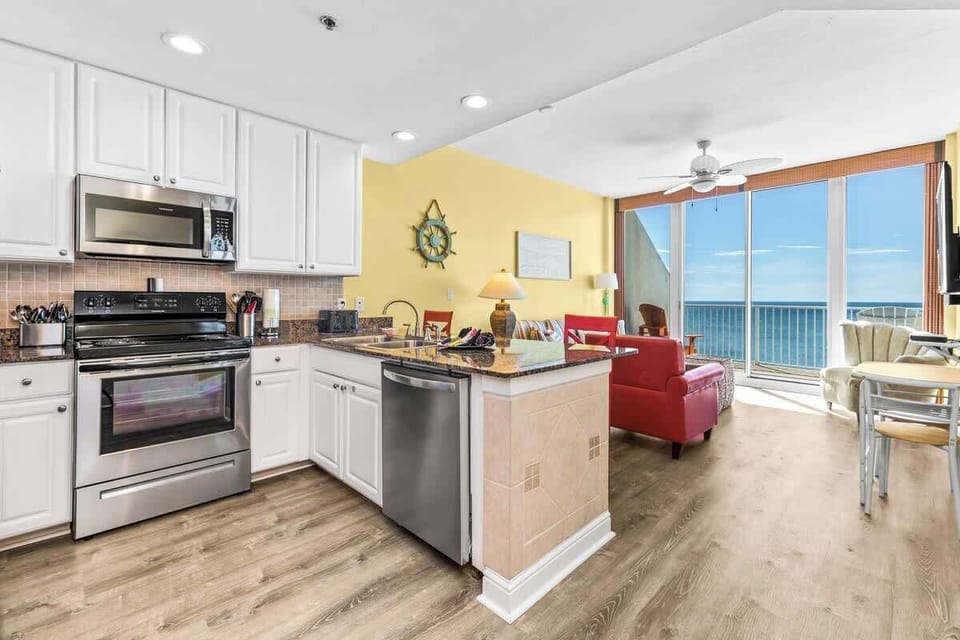 Enjoy the company of family or friends in our beachy, open floor plan with views of the Gulf.
