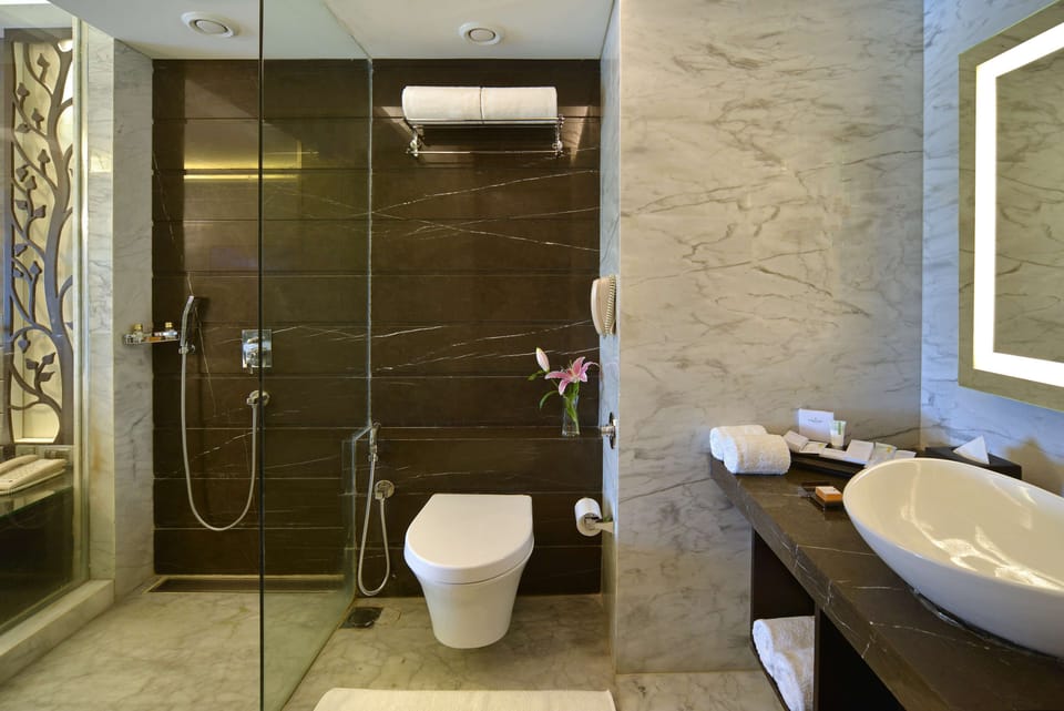 Shower, rainfall showerhead, eco-friendly toiletries, hair dryer