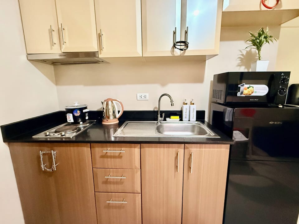 Fridge, microwave, stovetop