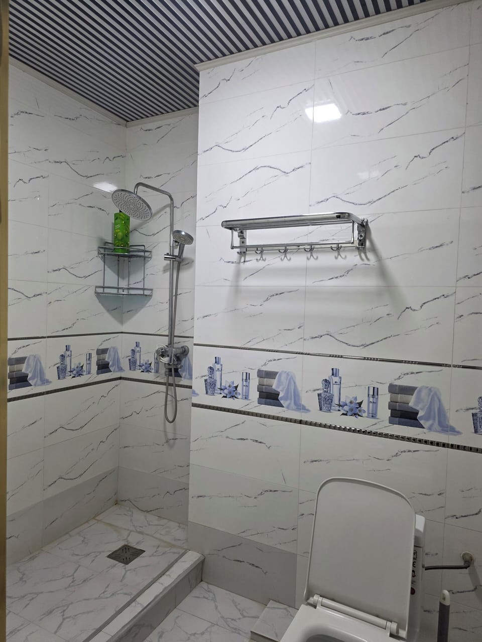 Shower, hair dryer, soap, shampoo