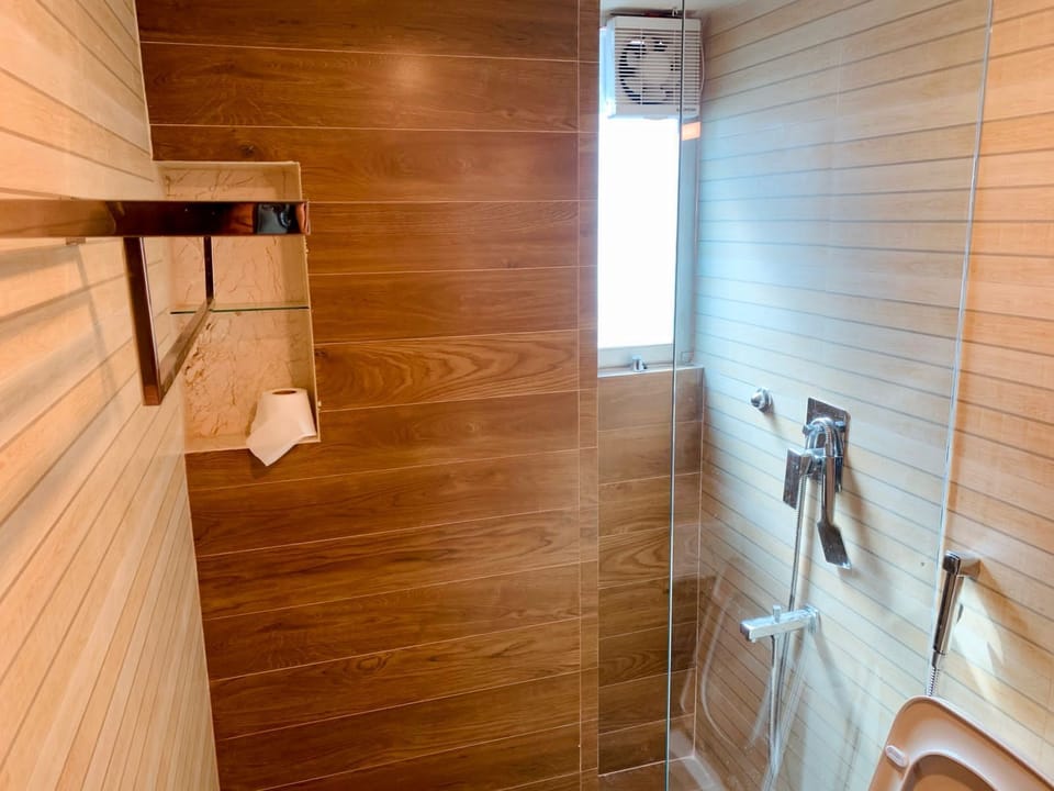 Shower, free toiletries, hair dryer, towels