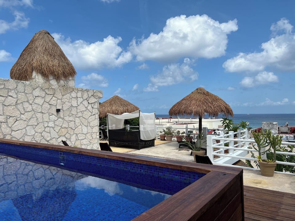 Stunning rooftop pool with Caribbean views, palapas, and a luxury daybed.