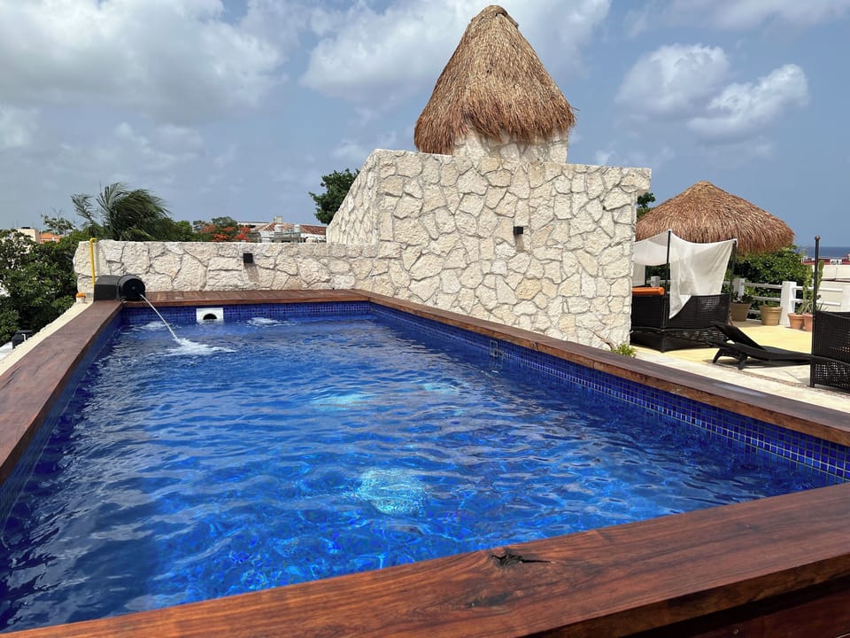 Refreshing rooftop pool with tropical palapas and comfortable lounge seating.