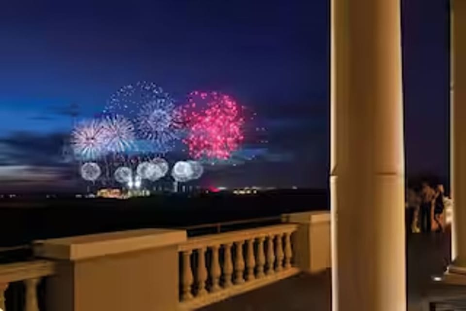 Rooftop restaurant on property with views of Disney fireworks 