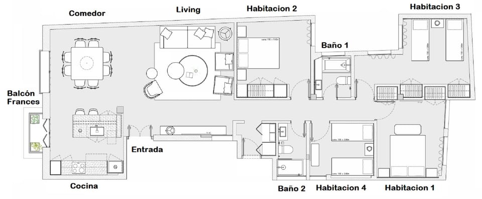 Plano - Distribución ideal: Living, comedor y cocina integrados, rooms detrás.