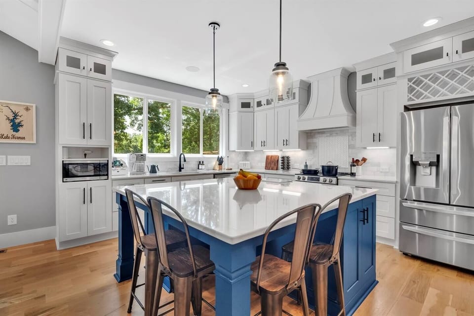 The kitchen is fully stocked with everything you need for entertaining (toaster, air fryer, blender, waffle maker & mixer).  Everything is brand new including pots/pans & bakeware.