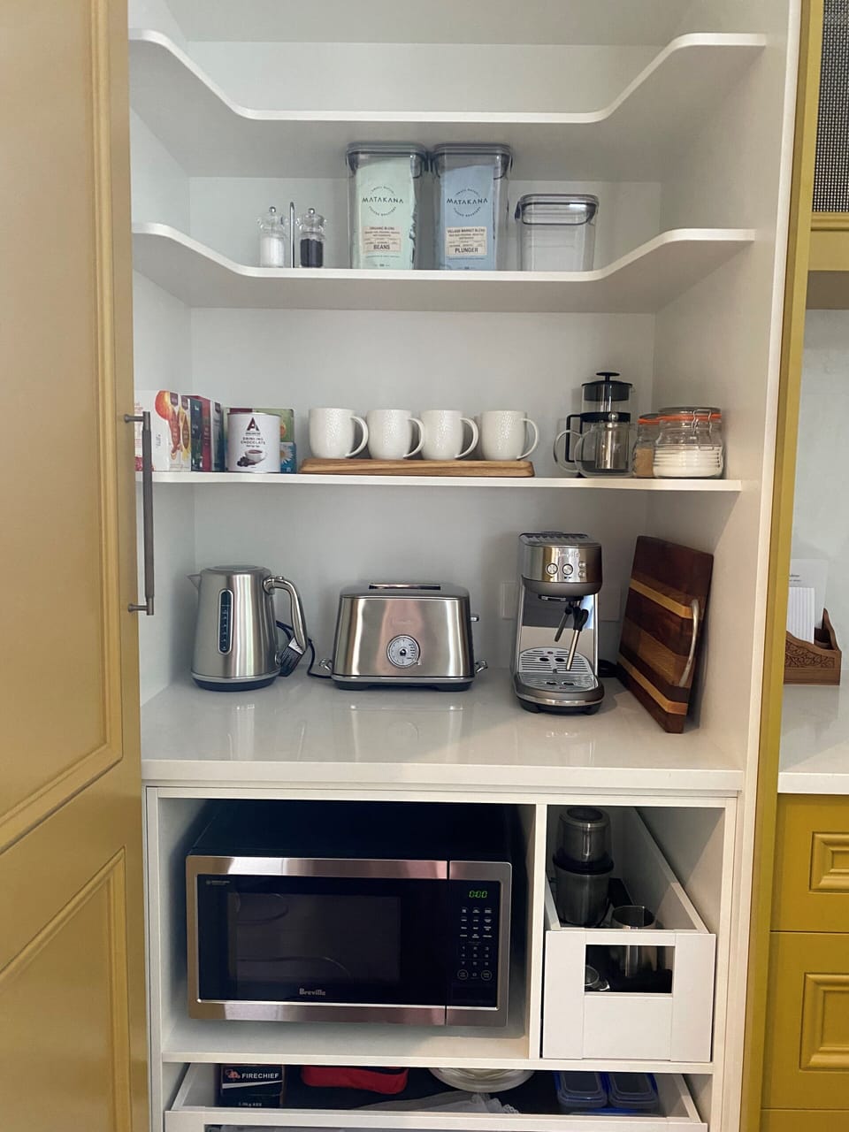 Pantry - coffee machine, plunger, toaster, jug, tea pot, tea &coffee