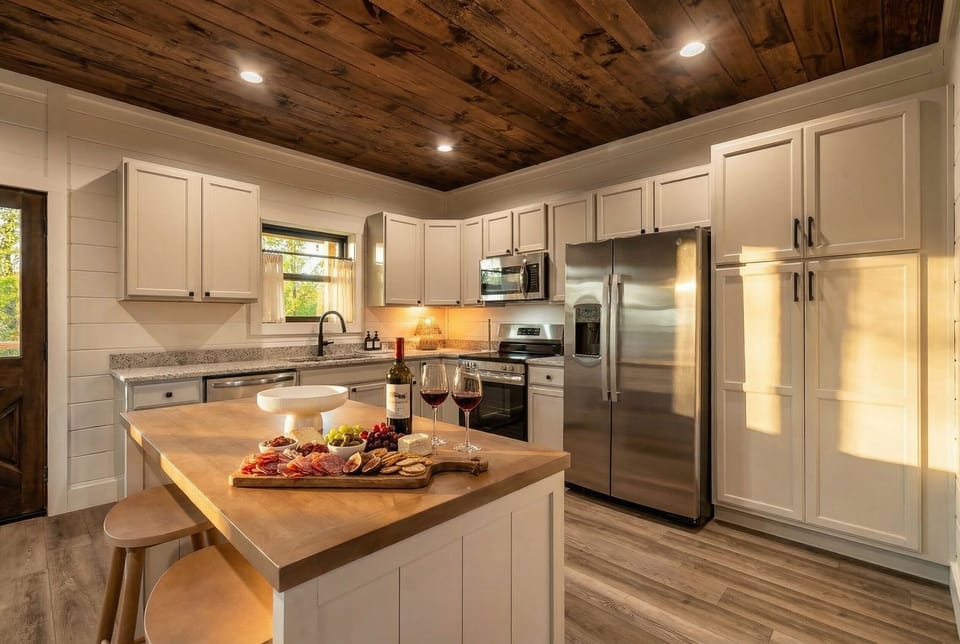 Prepare meals in the fully equipped kitchen, complete with stainless steel appliances and an island for casual bites.