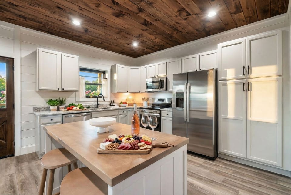 Bright, fully equipped kitchen with a large island, modern appliances, and plenty of space for gathering and meal prep.