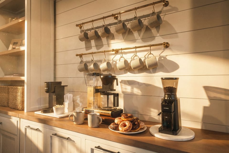 A dedicated coffee station makes mornings easy with drip and pod brewers, a grinder, and mugs for the whole group.