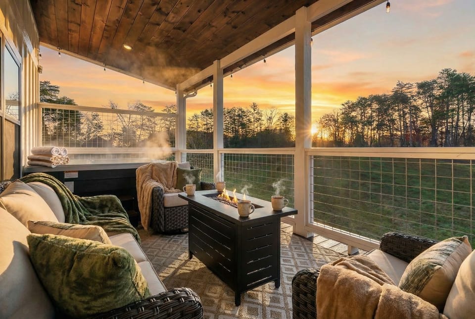 Cozy up on the covered deck at sunset, where the hot tub, fire table, and plush seating create the perfect spot to unwind.