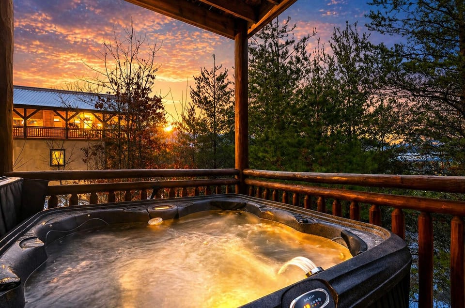 Unwind in the private hot tub as the Smoky Mountains glow at twilight—peaceful forest views, crisp mountain air, and the perfect spot to relax after a day of adventure.