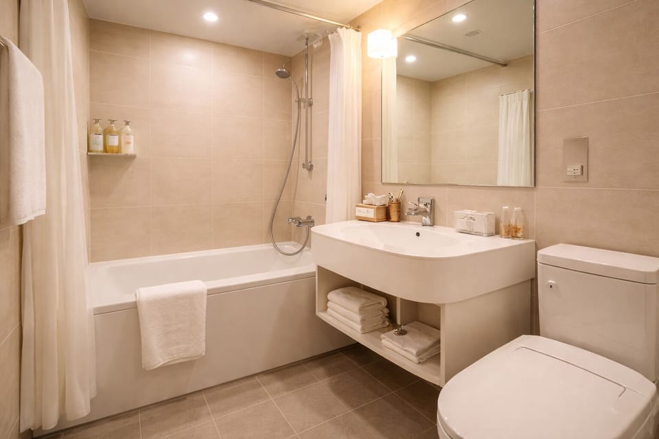 Shower, free toiletries, towels, soap