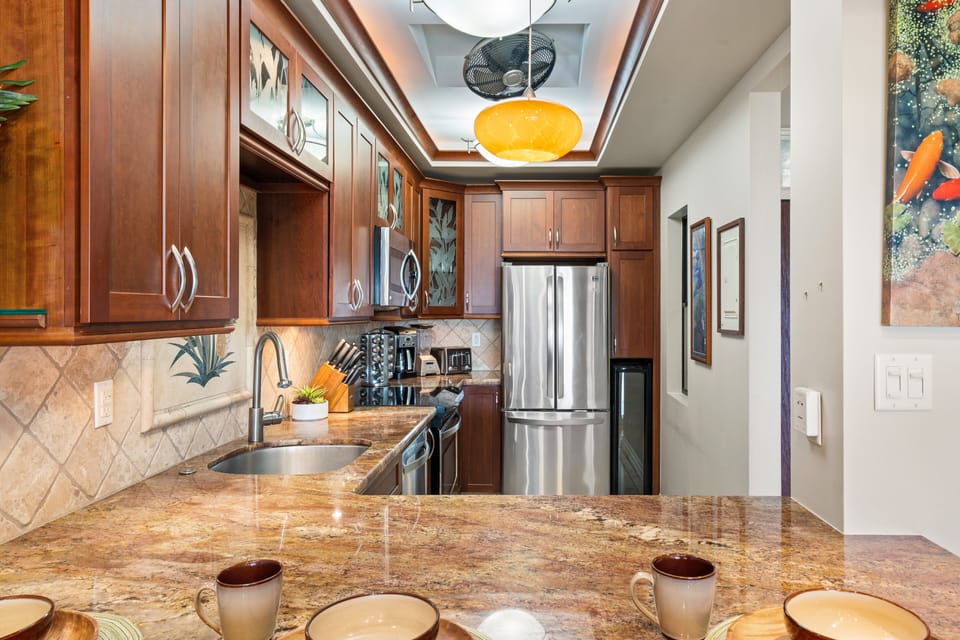Fully equipped kitchen with stainless steel appliances
