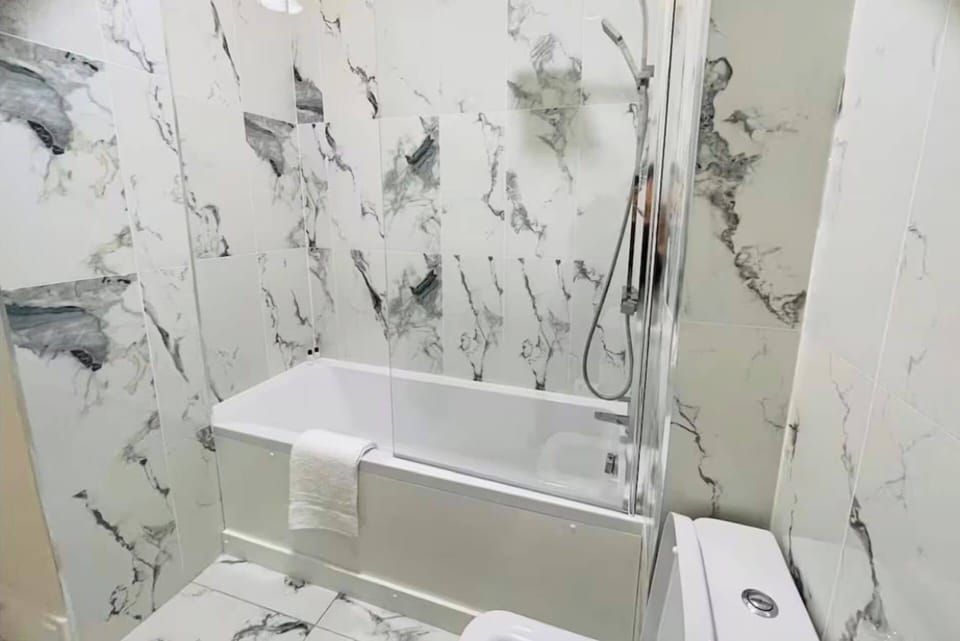 Combined shower/tub, deep soaking tub, hair dryer, towels