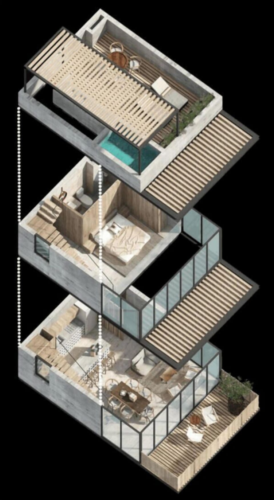 Floor Plan of the 3-Level Penthouse total space 1065ft2 / 99m2 First floor - Full Kitchen, Dining & Living Area, Sofa Bed, Laundry Area & BalconySecond Floor - King Bed w ensuite bathroom & ClosetThird Floor -  Patio w BBQ, Sun loungers & PoolFloor Plan o