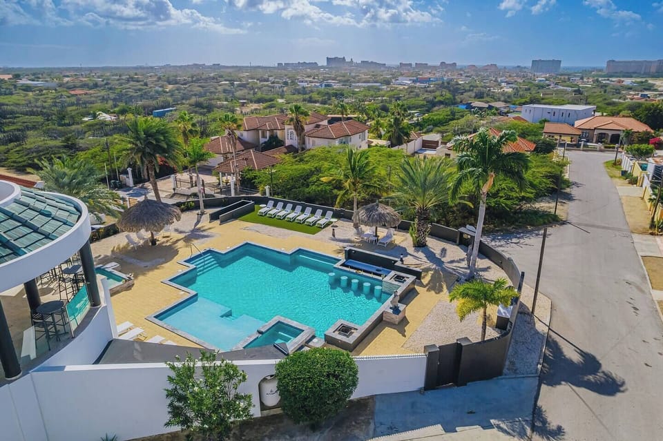 A 1,500 sq ft showstopper, the biggest residential pool in Aruba, surrounded by palms, loungers, and pure vacation energy.