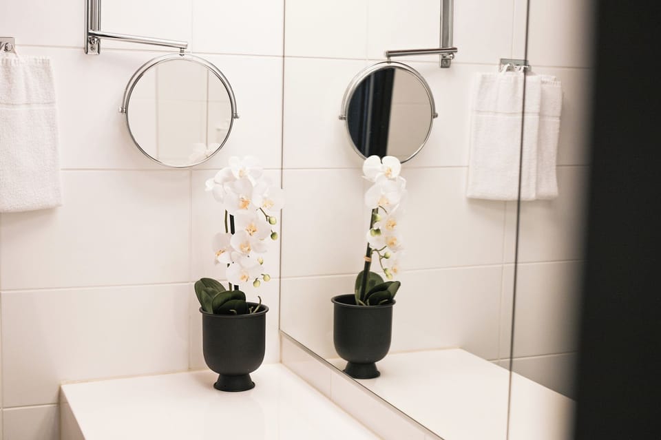 Shower, hair dryer, heated floors, towels