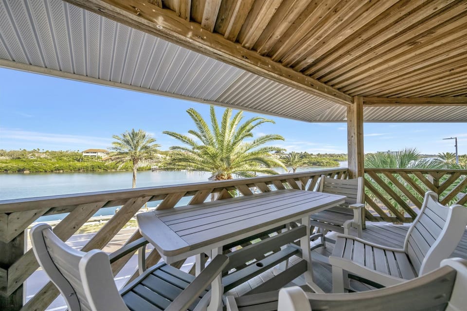 Spacious outdoor dining table with bay views