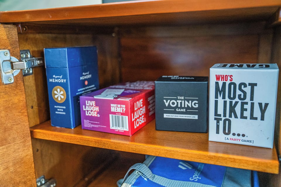 Selection of games and entertainment options for guests of all ages — perfect for family nights and group downtime.