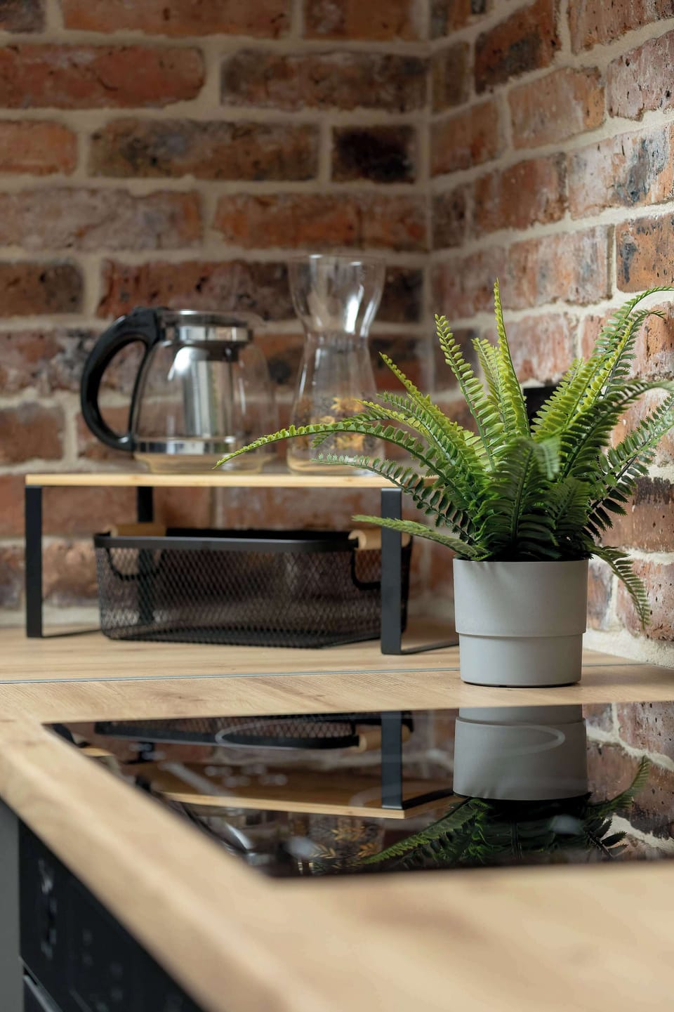Close-up of the kitchen counter displays a green plant in a pot against a rustic red brick backsplash.
