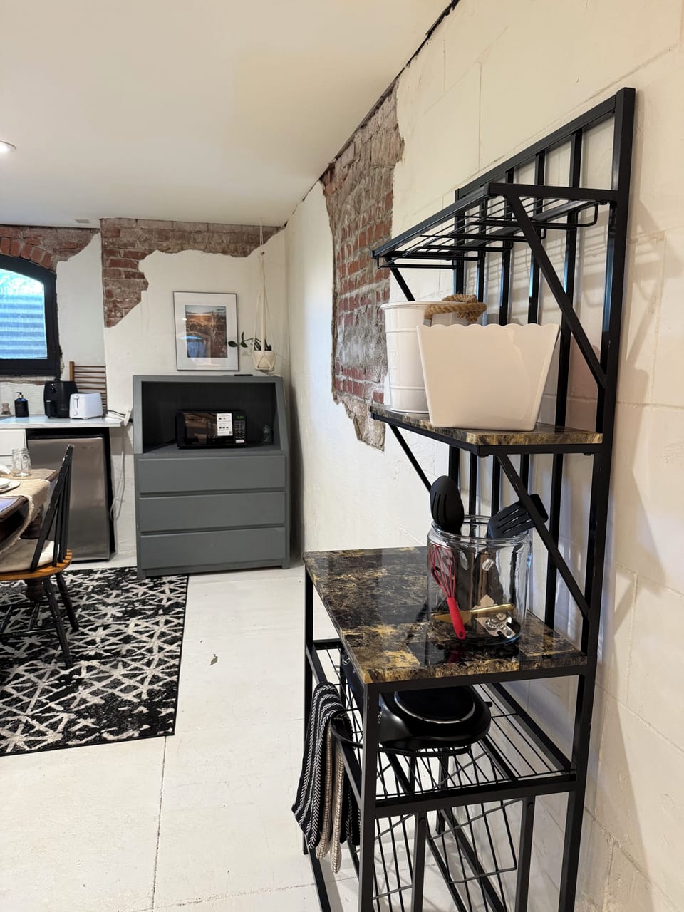 Air fryer, microwave, toaster, electric kettle, coffee Keurig, ice machine.