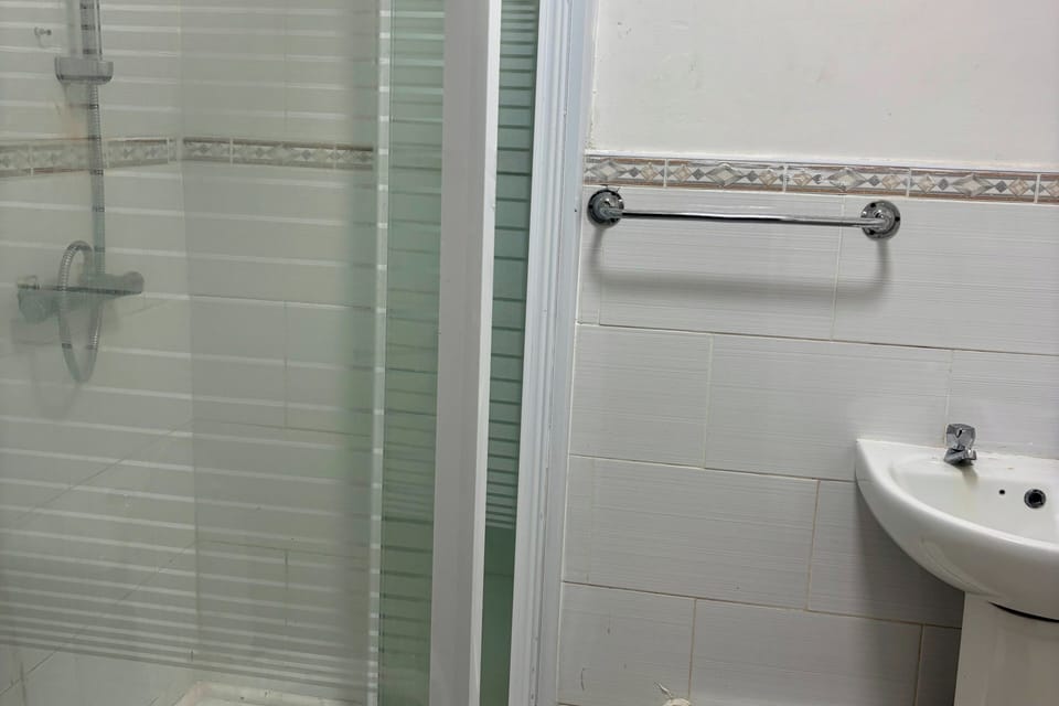 Shower, hair dryer, towels, toilet paper