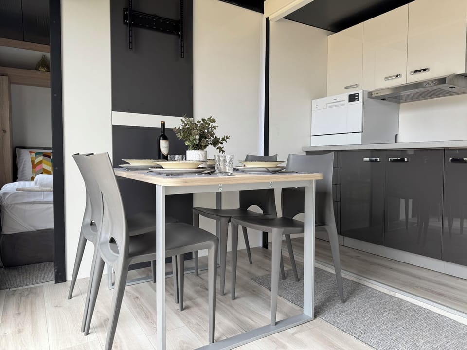 Lunaris Camping Home | Private kitchen | Fridge, microwave, highchair, cookware/dishes/utensils