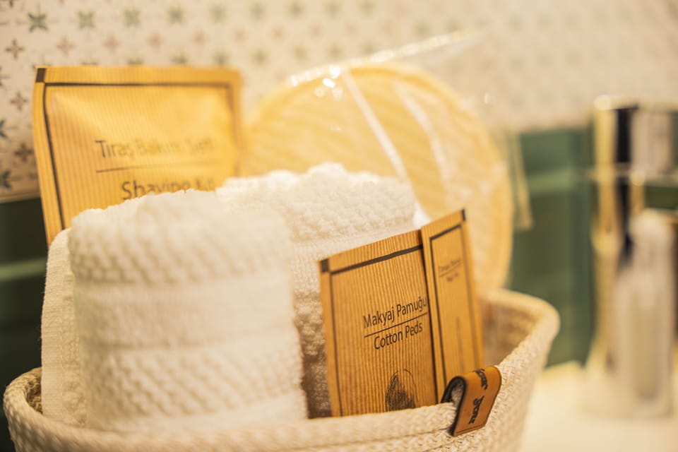 Shower, free toiletries, slippers, towels