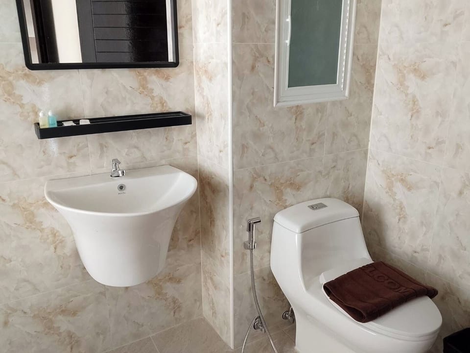 Shower, hair dryer, bidet, towels