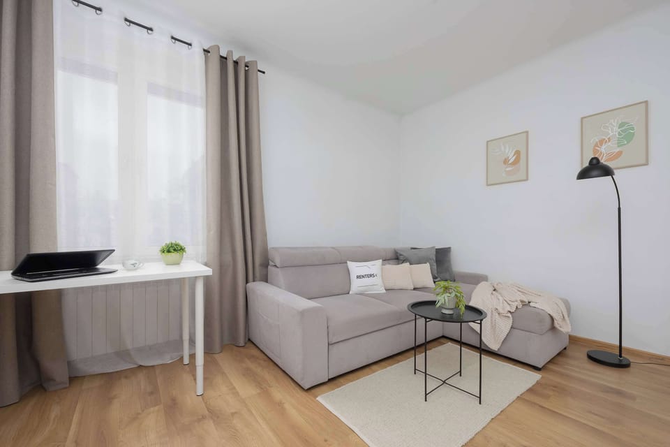 Open studio layout showing sofa, desk, and natural light.