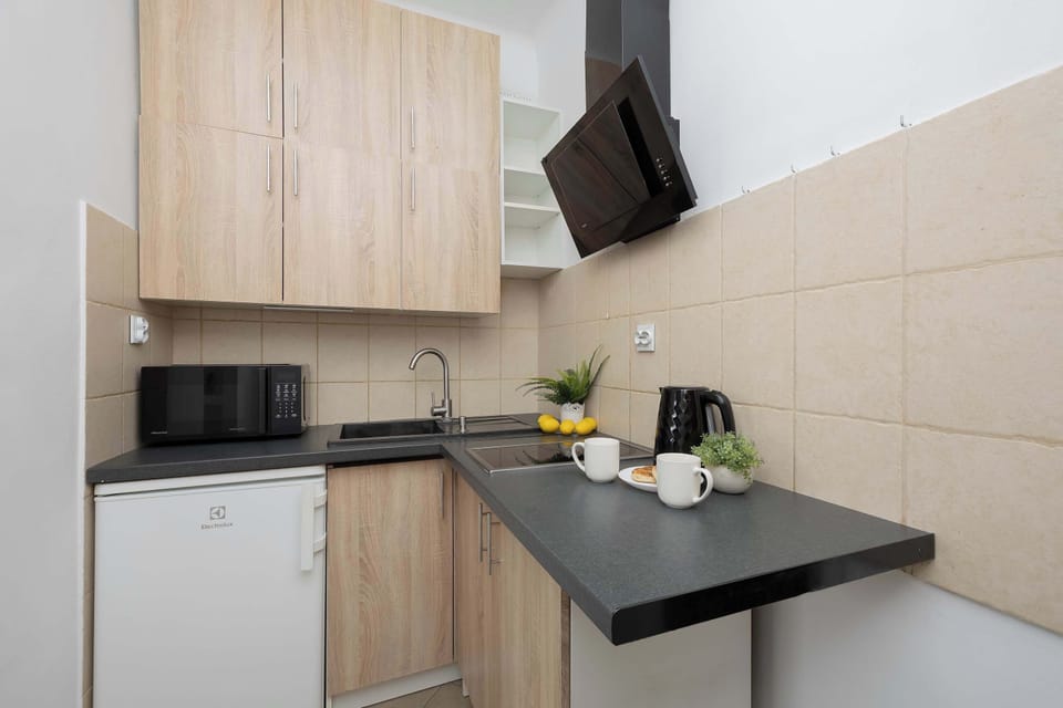 Compact kitchenette with wooden cabinets and countertop workspace.