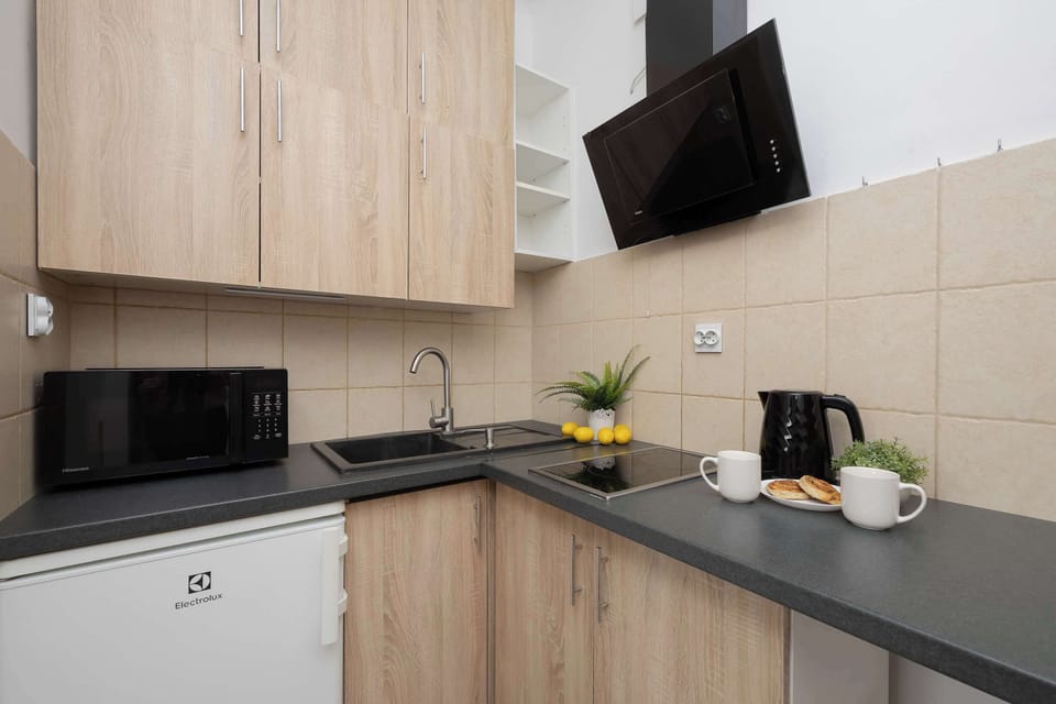 Compact kitchenette with wooden cabinets and countertop workspace.