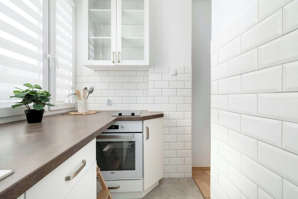 A fragment of the kitchen with a view of the induction hob and wall cabinets with glass fronts. There is a small potted plant on the countertop, bringing the space to life.