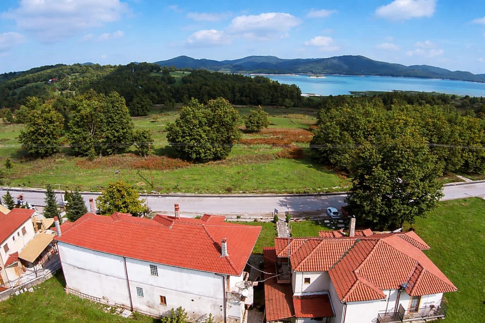 Aerial view of Hotel Orama overlooking the stunning Lake Plastira.