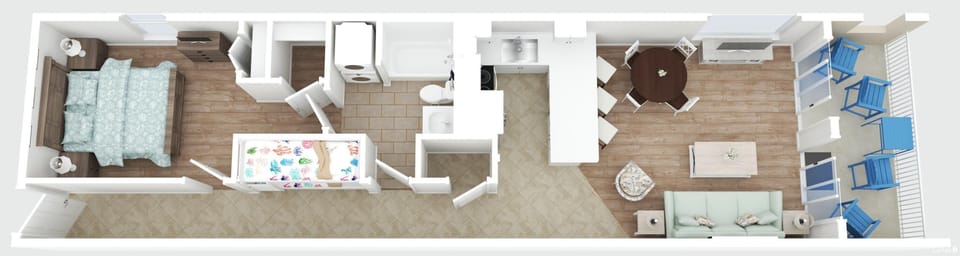 Open-concept floor plan showing the bedroom, bathroom, living area, kitchen, and private balcony for easy vacation living.