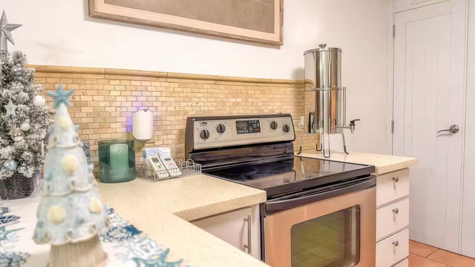 Stove with oven and water filter; forget about carrying boxes of bottled water. 