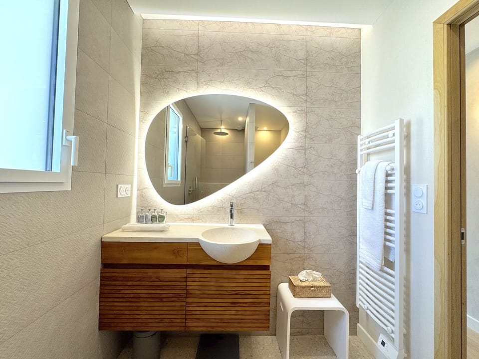 Design Double Room, Private Bathroom, Pool View | Bathroom | Shower, rainfall showerhead, hair dryer, heated floors