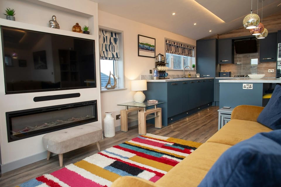 Open-plan living room with wall-mounted TV, electric fireplace, and kitchenette