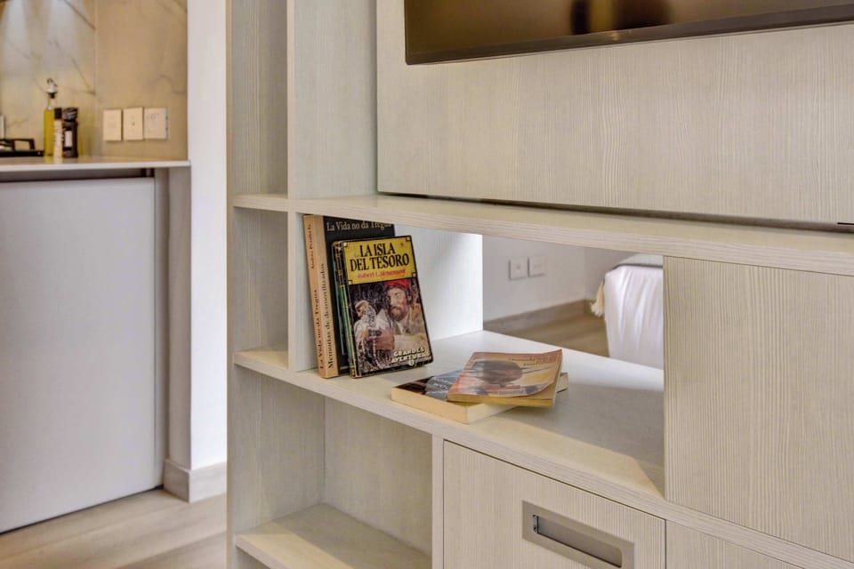 Built-in shelving with books and stylish decor details.
