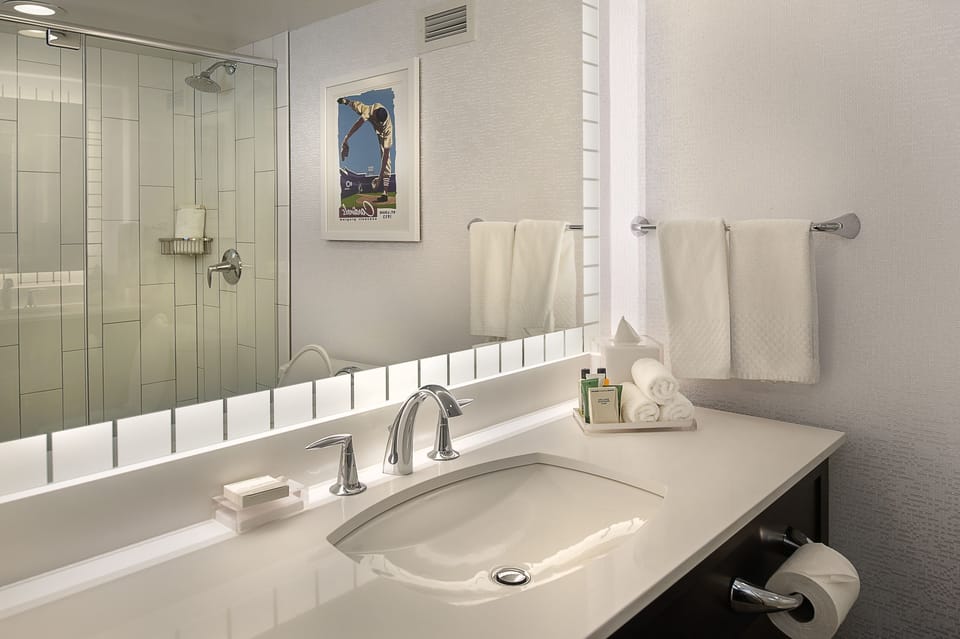 Combined shower/tub, eco-friendly toiletries, hair dryer, towels