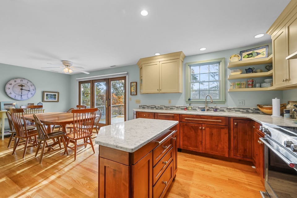 View from the kitchen into the dining area, perfect for entertaining.