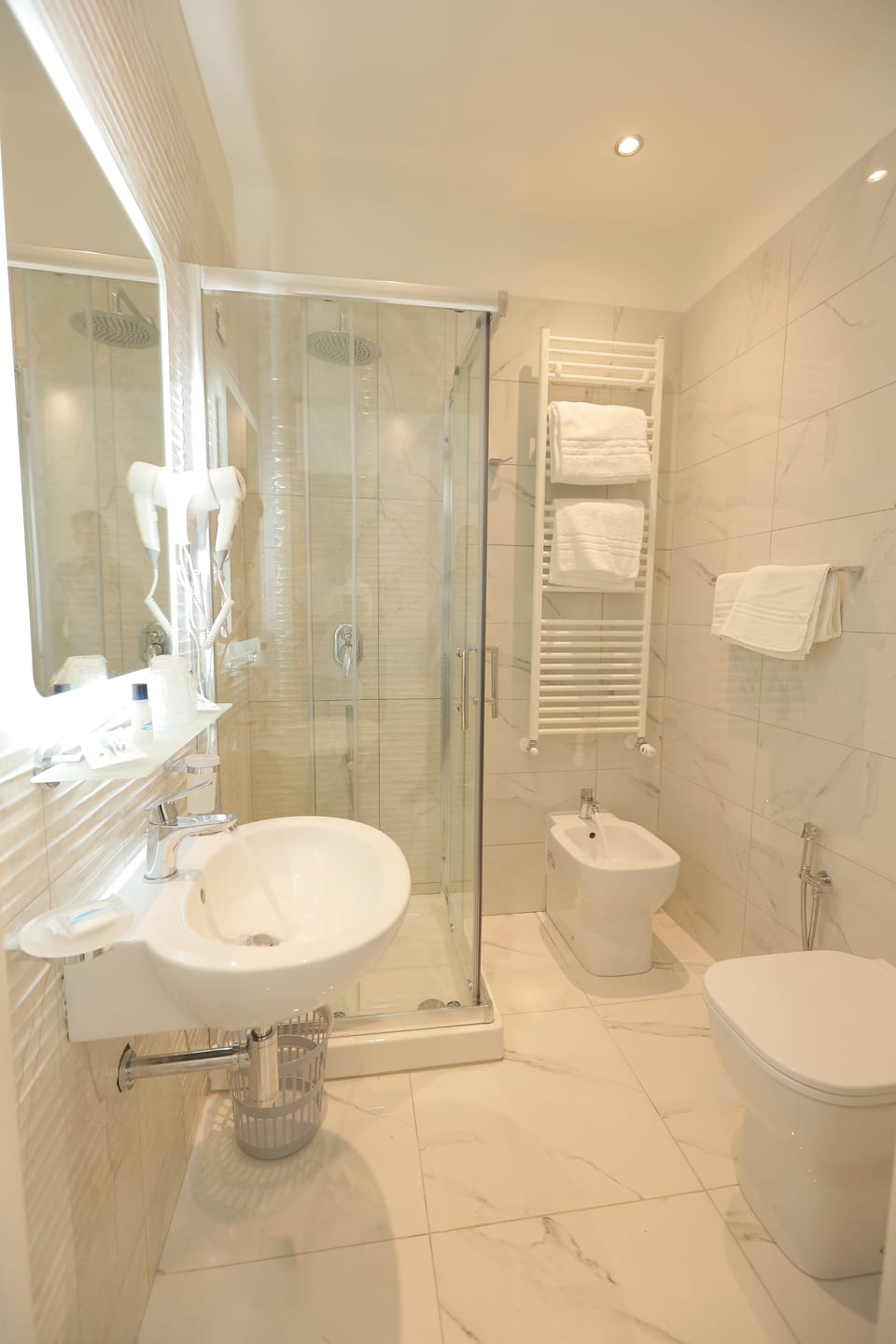 Free toiletries, hair dryer, bidet, towels