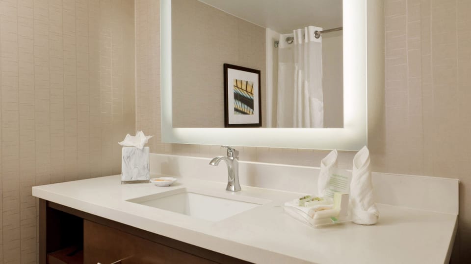 Combined shower/tub, free toiletries, hair dryer, towels