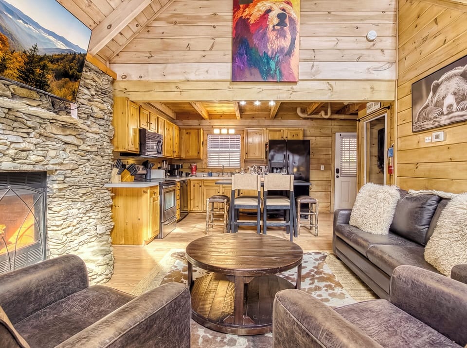 Cabin in the Smokies "Ole Red" - Living room and fully furnished kitchen