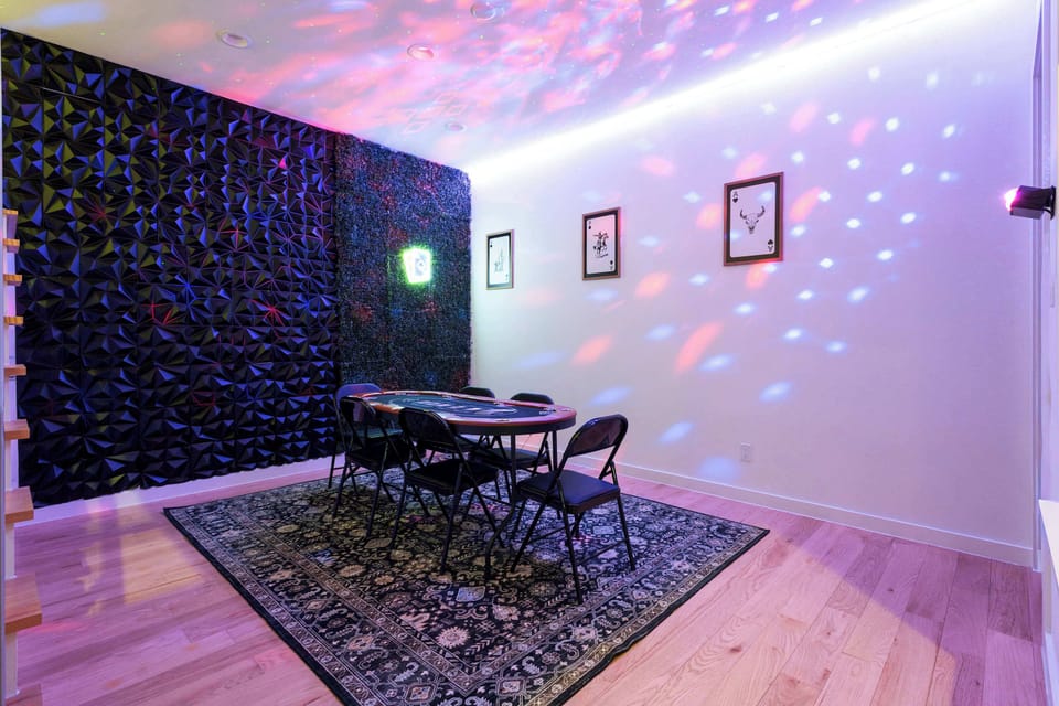 Host your own private poker night in a dedicated game space designed for fun and connection. Adjustable lighting sets the mood while the spacious table gives everyone room to play, laugh, and create unforgettable memories together.