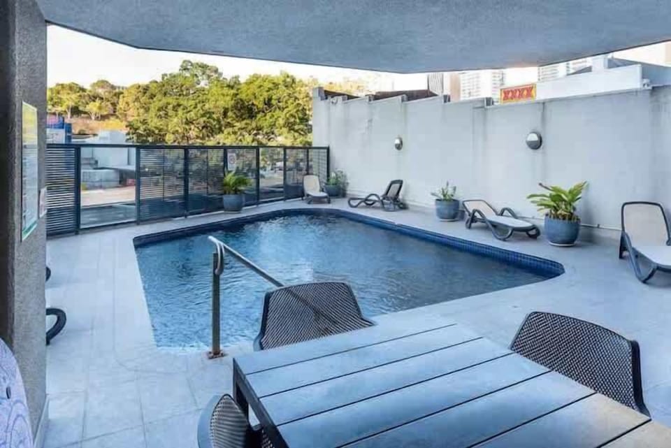 Pool overlooking high rise CBD building